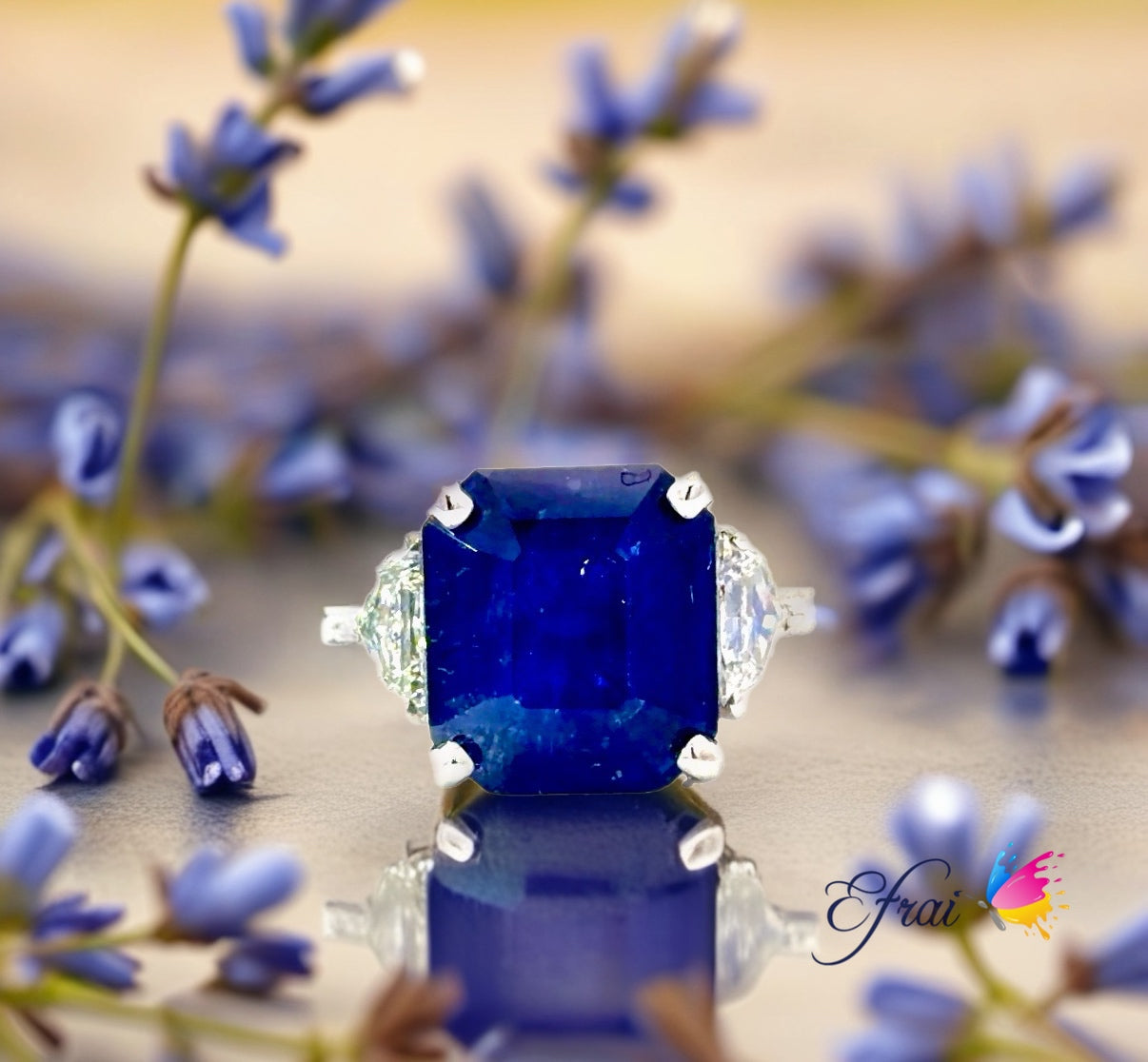 18K white gold Ring with GIA Natural Deep Blue Emerald Cut Sapphire