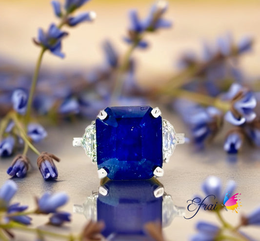 18K white gold Ring with GIA Natural Deep Blue Emerald Cut Sapphire