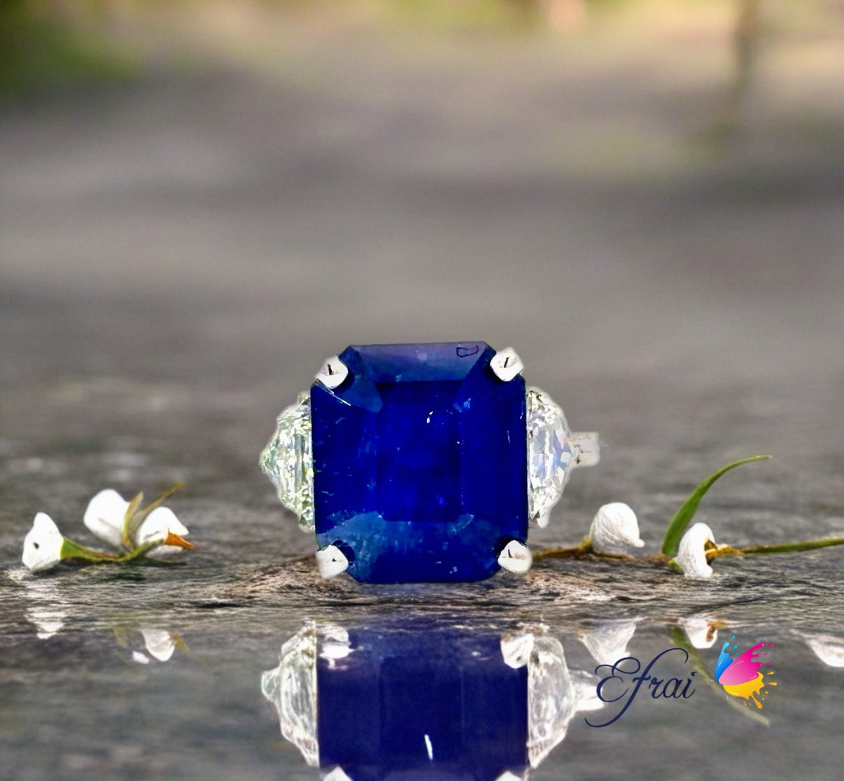 18K white gold Ring with GIA Natural Deep Blue Emerald Cut Sapphire