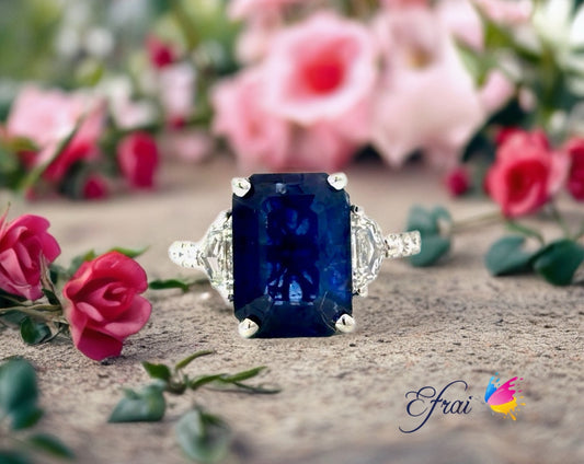 Gorgeous 18K White Gold Ring with GIA Natural Deep Blue Emerald Cut Sapphire