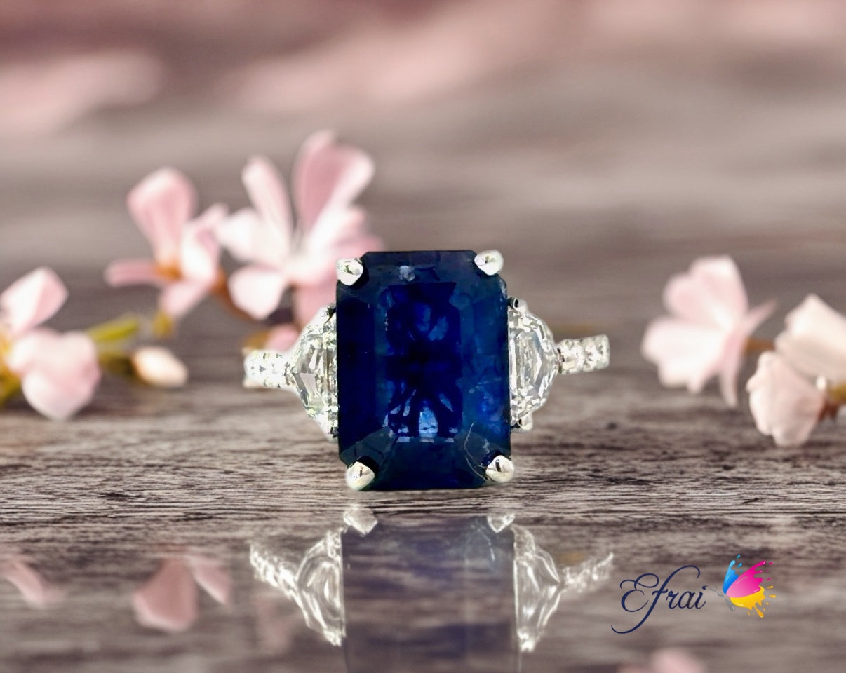 Gorgeous 18K White Gold Ring with GIA Natural Deep Blue Emerald Cut Sapphire