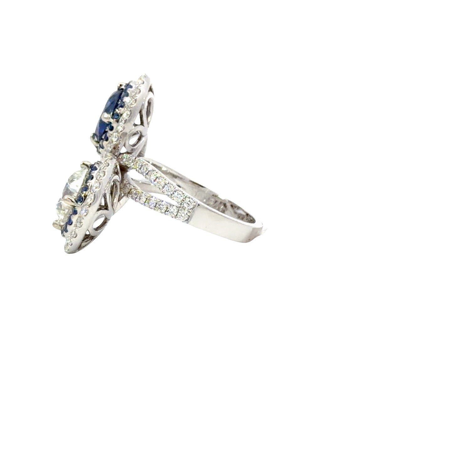 Uniquely handmade 18K White Gold Diamond and Deep Blue Sapphire Double Stone Ring