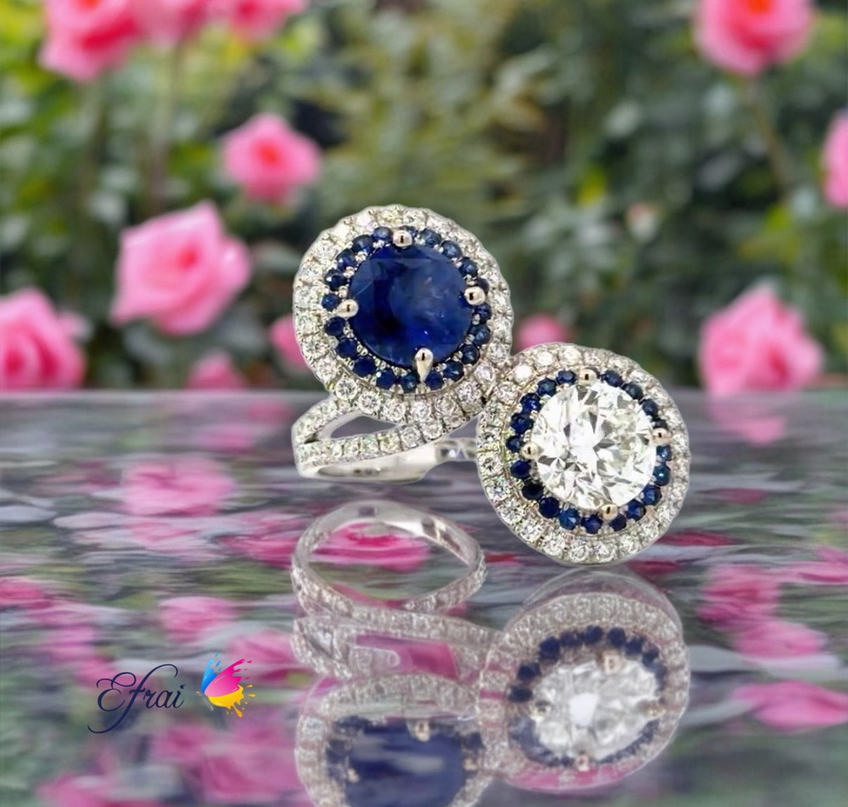 Uniquely handmade 18K White Gold Diamond and Deep Blue Sapphire Double Stone Ring