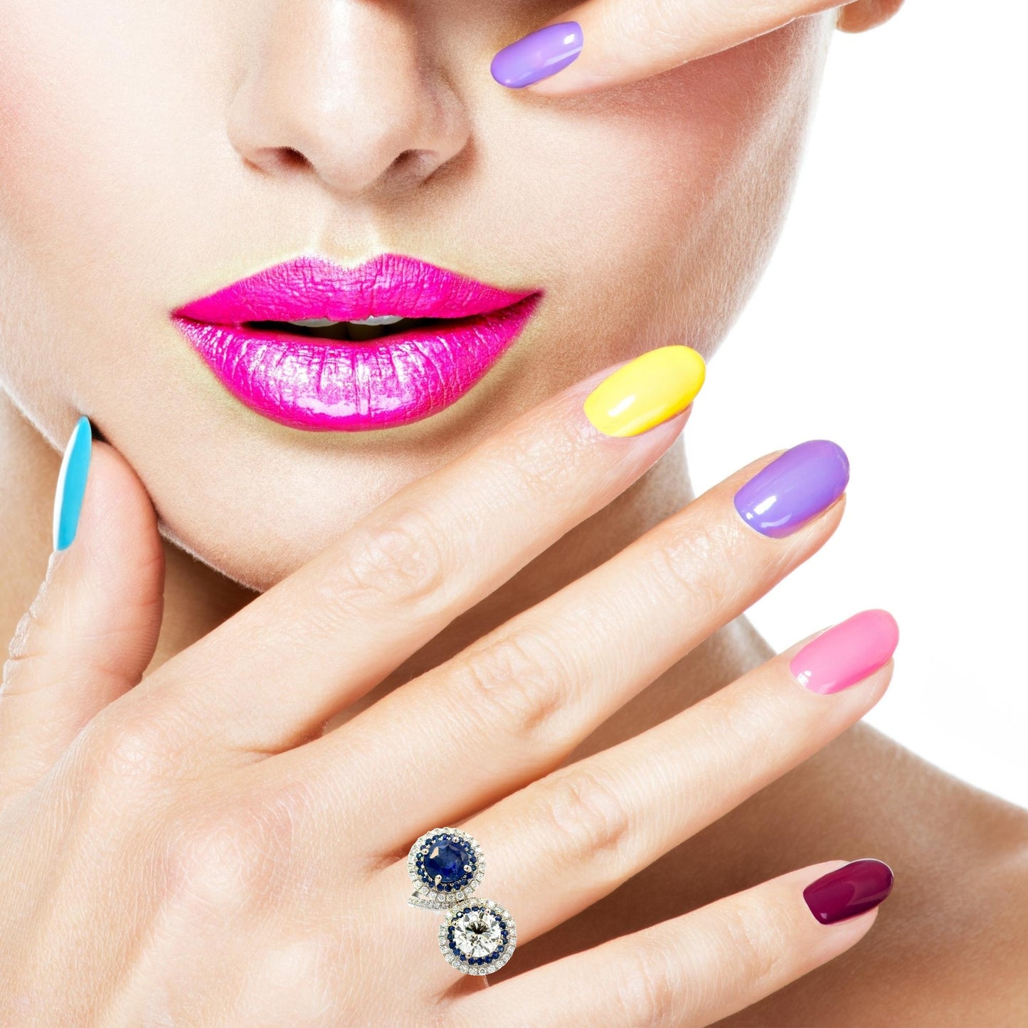 Uniquely handmade 18K White Gold Diamond and Deep Blue Sapphire Double Stone Ring