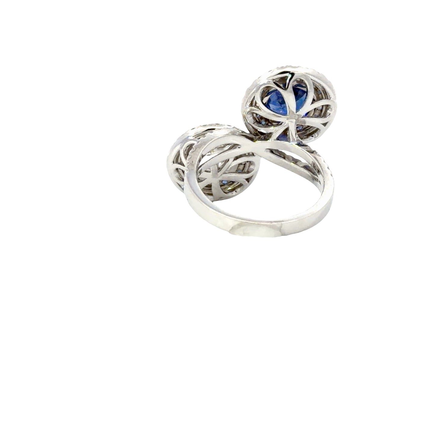 Uniquely handmade 18K White Gold Diamond and Deep Blue Sapphire Double Stone Ring