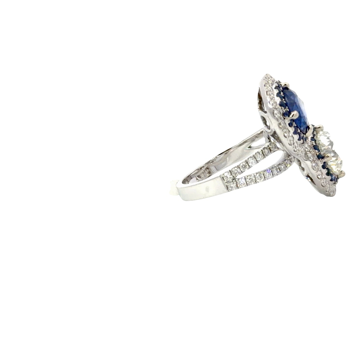 Uniquely handmade 18K White Gold Diamond and Deep Blue Sapphire Double Stone Ring