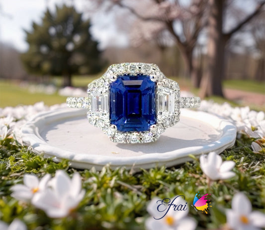 GIA Natural Emerald-Cut Royal Blue Sapphire and Diamonds Ring in White Gold