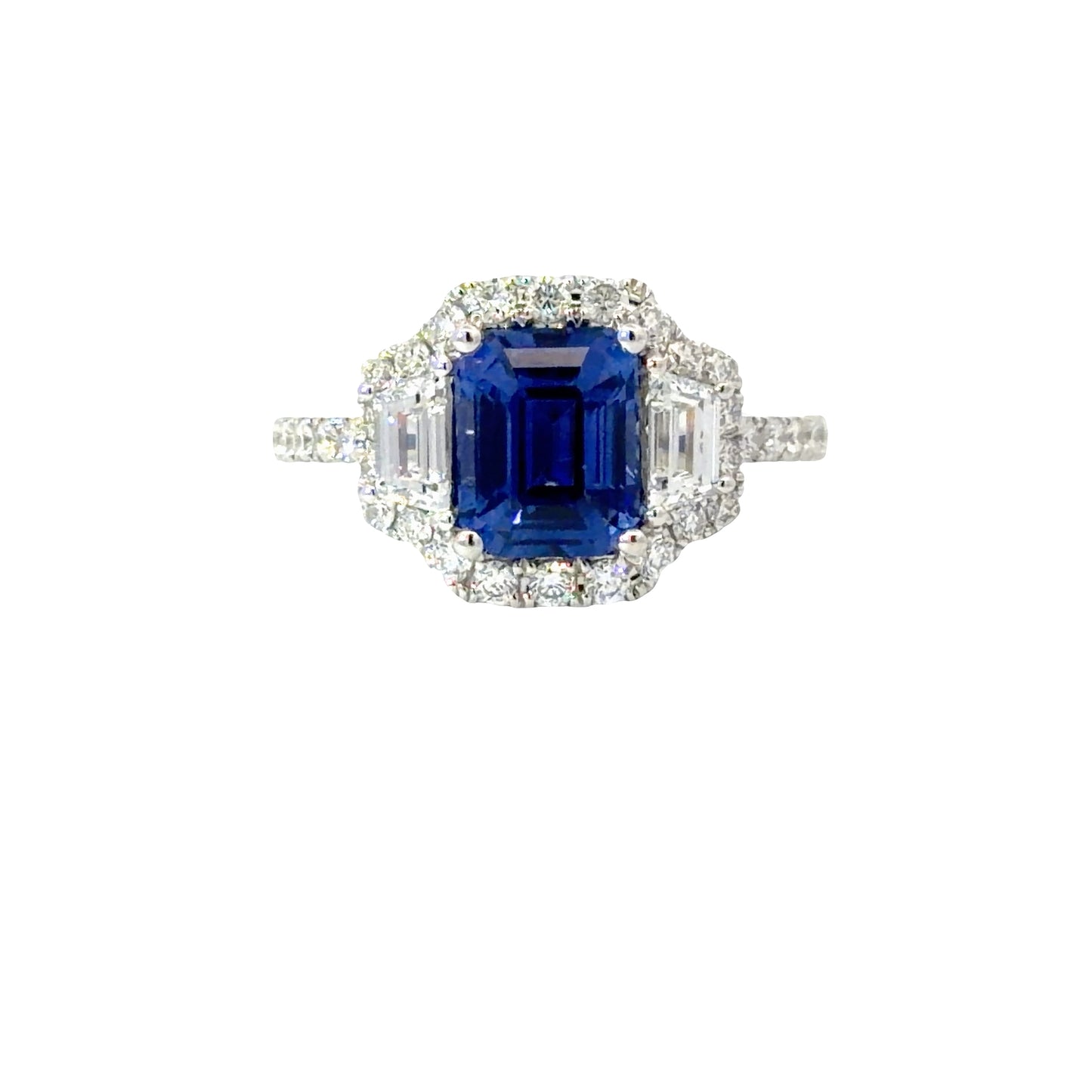 GIA Natural Emerald-Cut Royal Blue Sapphire and Diamonds Ring in White Gold