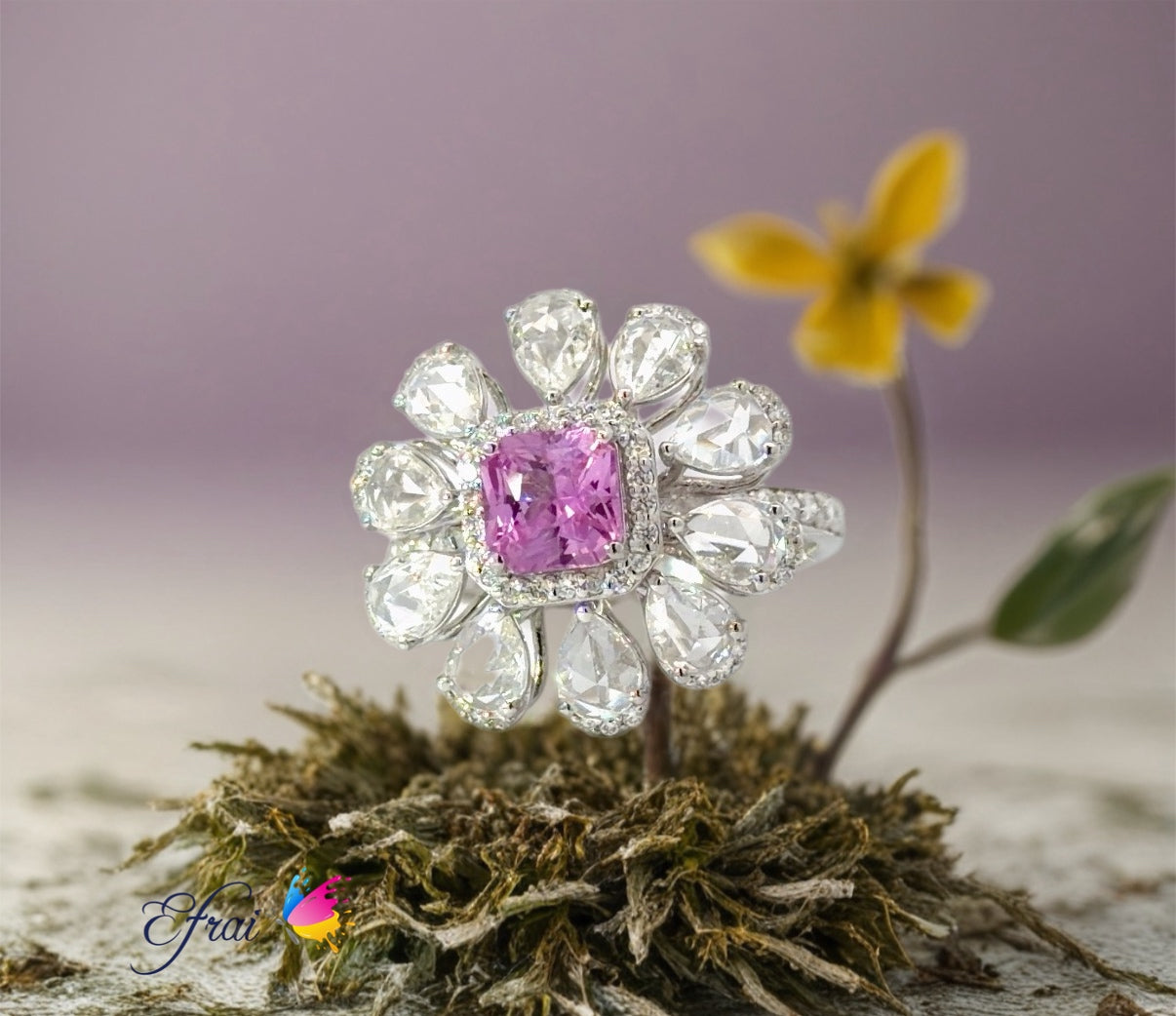 Natural Vivid Pink Sapphire Floral Cocktail Ring in White Gold