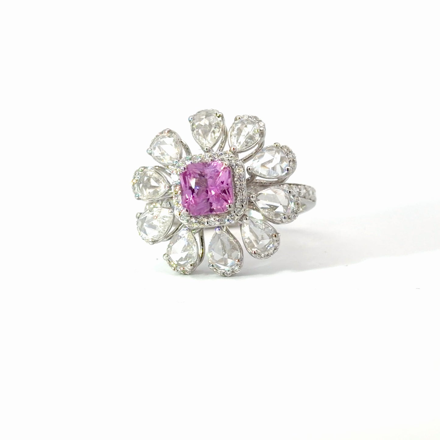 Natural Vivid Pink Sapphire Floral Cocktail Ring in White Gold