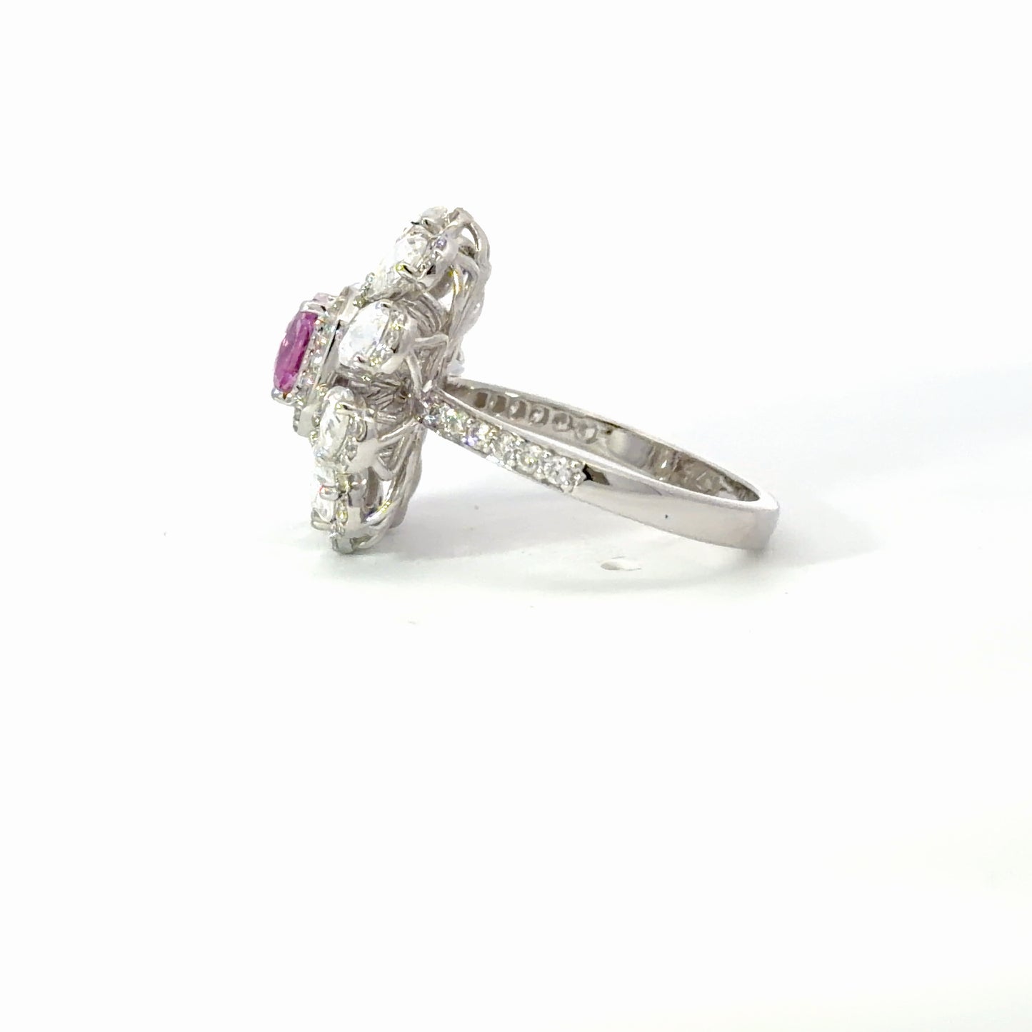 Natural Vivid Pink Sapphire Floral Cocktail Ring in White Gold