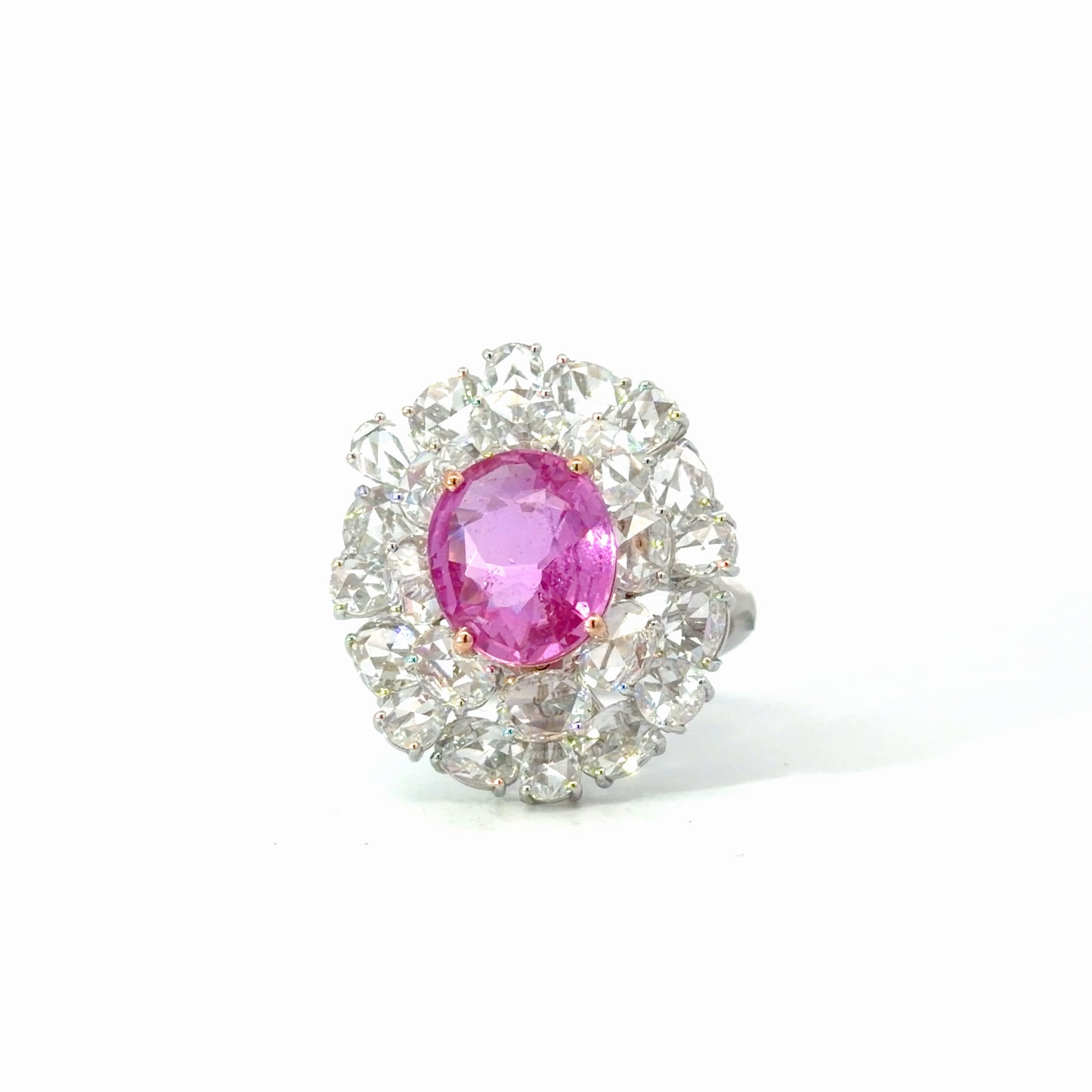 Certified No Heat Natural Vivid Pink Sapphire Double Halo Cocktail Ring — White Gold