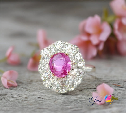 Certified No Heat Natural Vivid Pink Sapphire Double Halo Cocktail Ring — White Gold