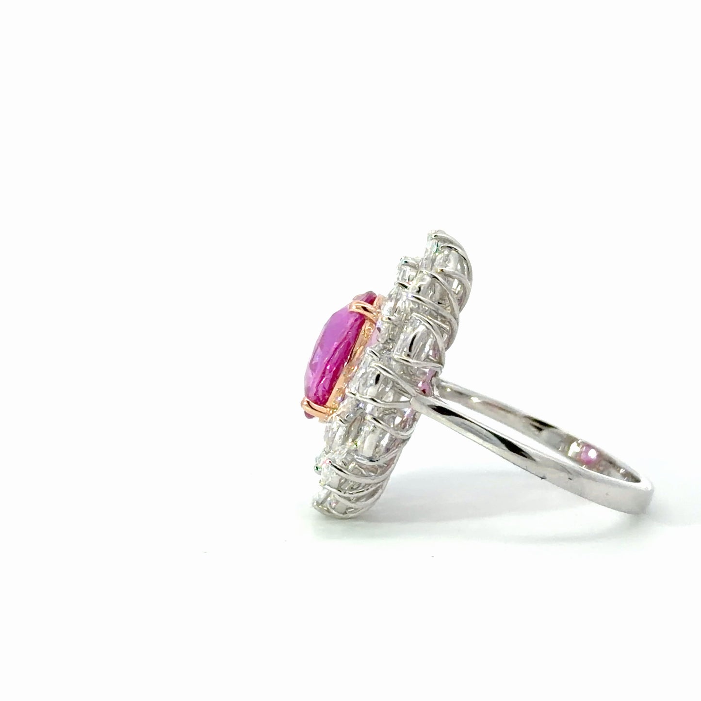 Certified No Heat Natural Vivid Pink Sapphire Double Halo Cocktail Ring — White Gold