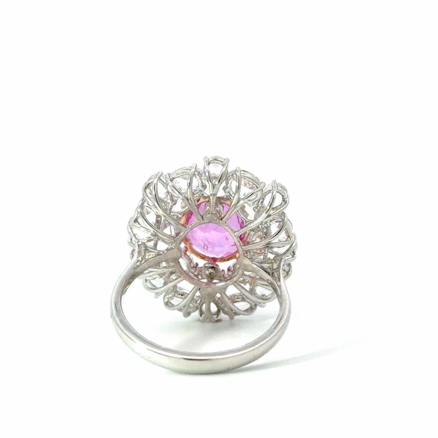 Certified No Heat Natural Vivid Pink Sapphire Double Halo Cocktail Ring — White Gold