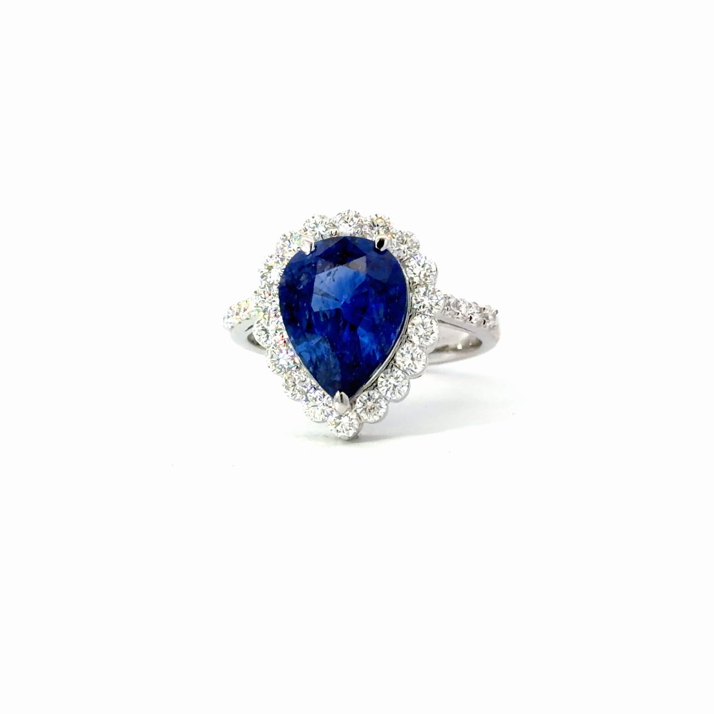 Certified Natural Pear-Shaped Royal Blue Sapphire Halo Ring in 18K White Gold