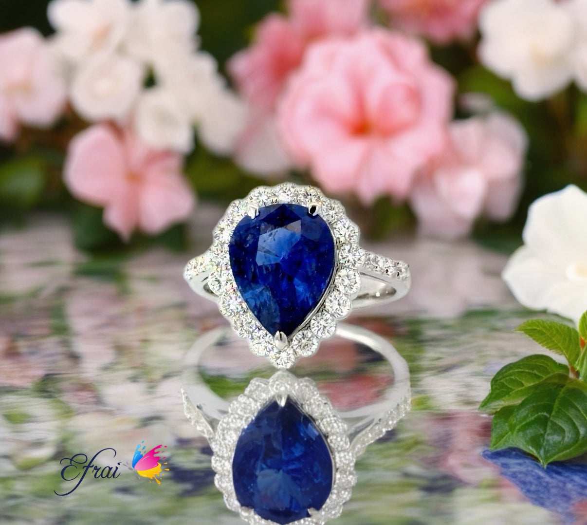 Certified Natural Pear-Shaped Royal Blue Sapphire Halo Ring in 18K White Gold