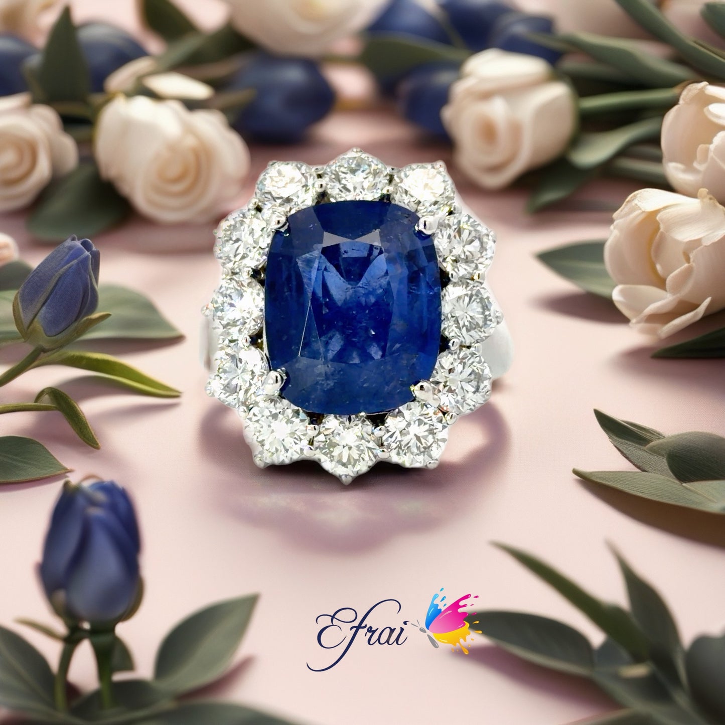 Natural Royal Blue Sapphire and Diamond Halo Cocktail Ring