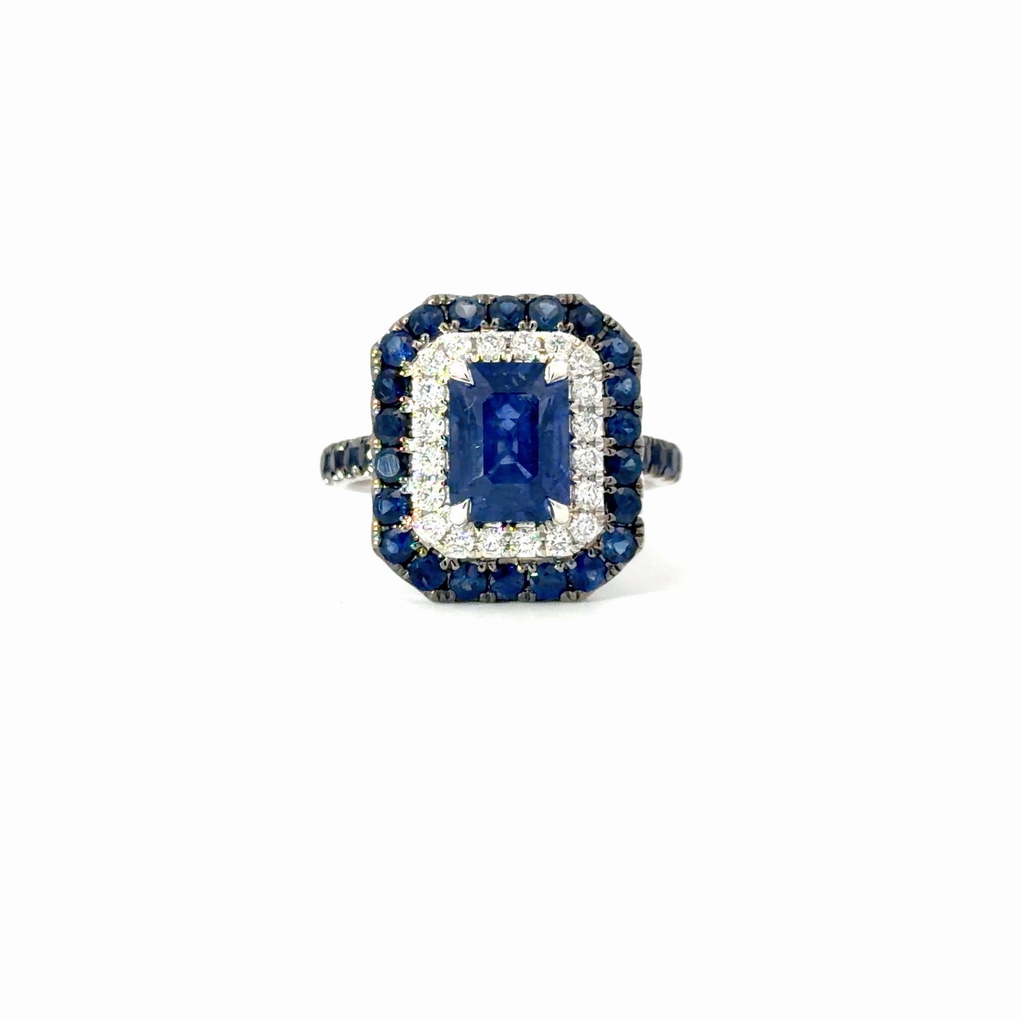 Natural Royal Blue Sapphire Double Halo Cocktail Ring in White Gold