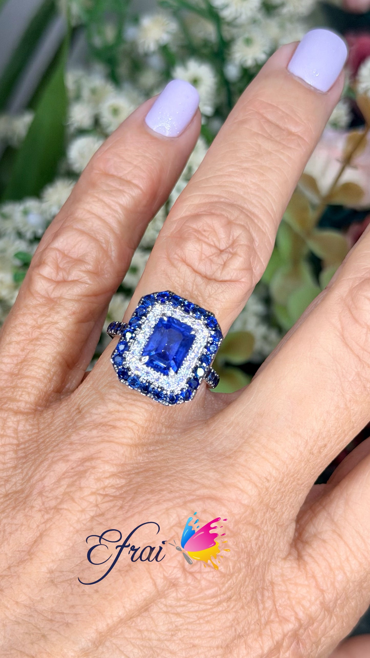 Natural Royal Blue Sapphire Double Halo Cocktail Ring in White Gold