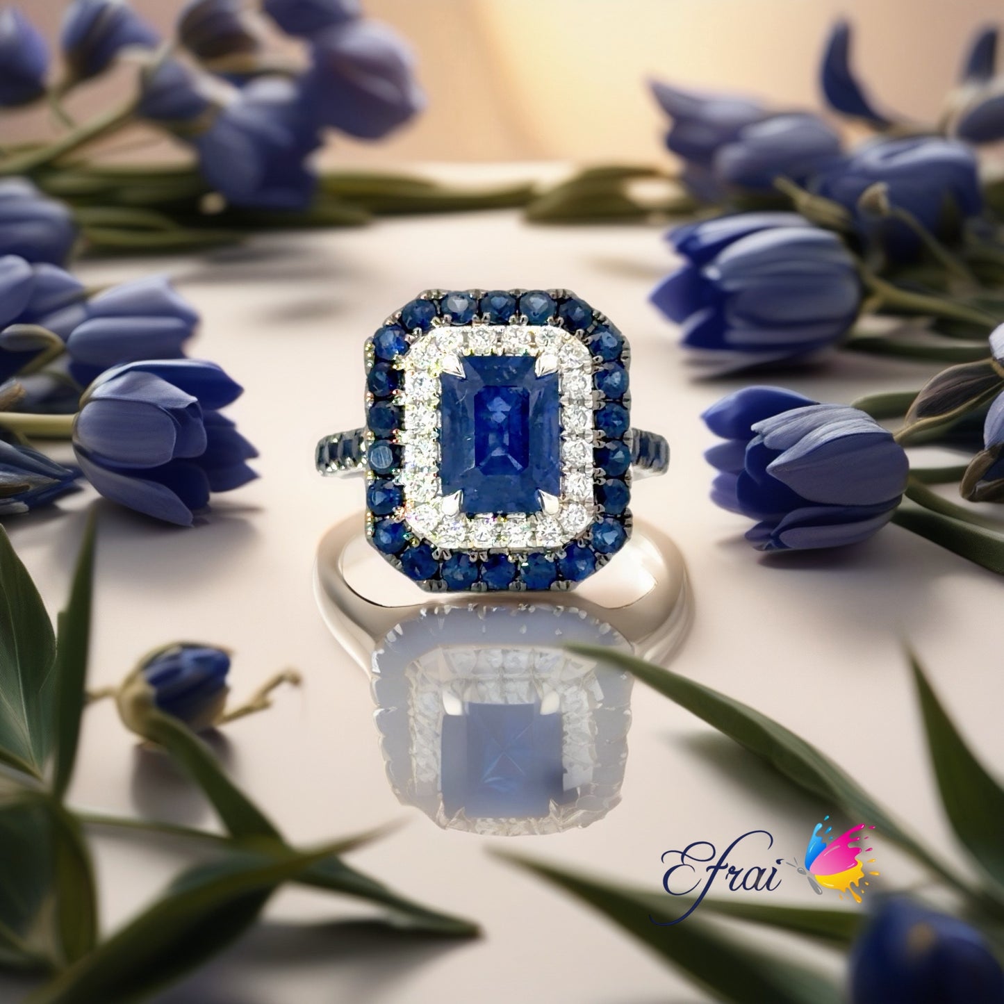 Natural Royal Blue Sapphire Double Halo Cocktail Ring in White Gold