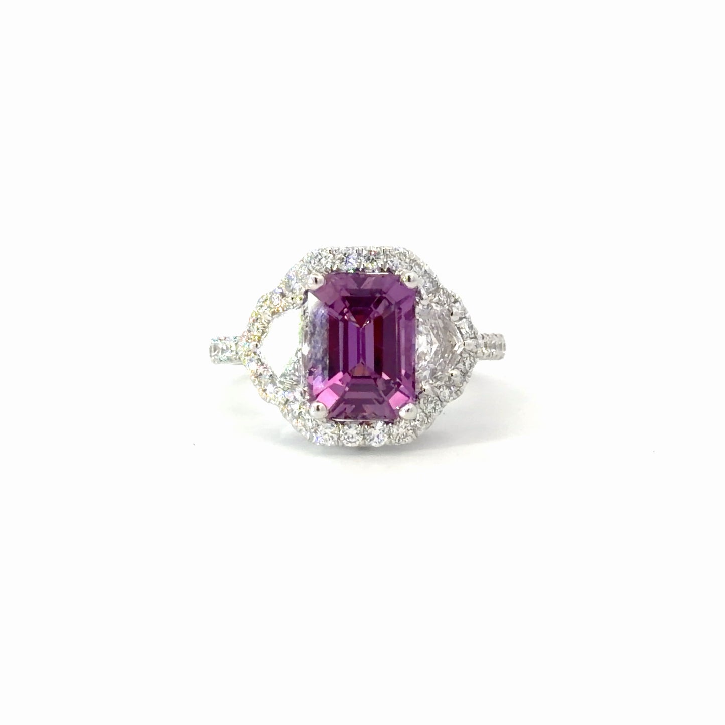 Natural Emerald-Cut Purple Sapphire Halo Cocktail Ring in White Gold