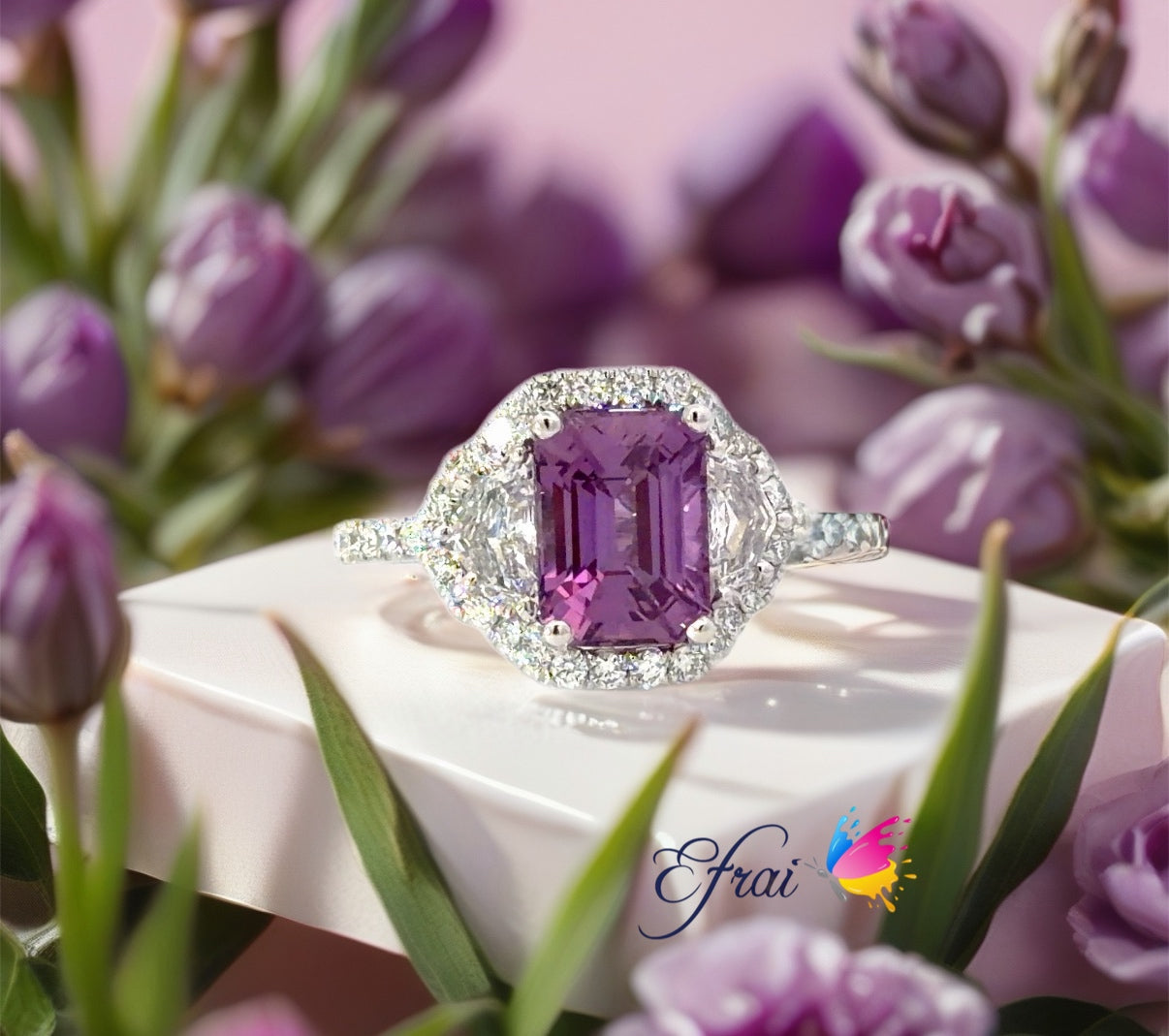 Natural Emerald-Cut Purple Sapphire Halo Cocktail Ring in White Gold