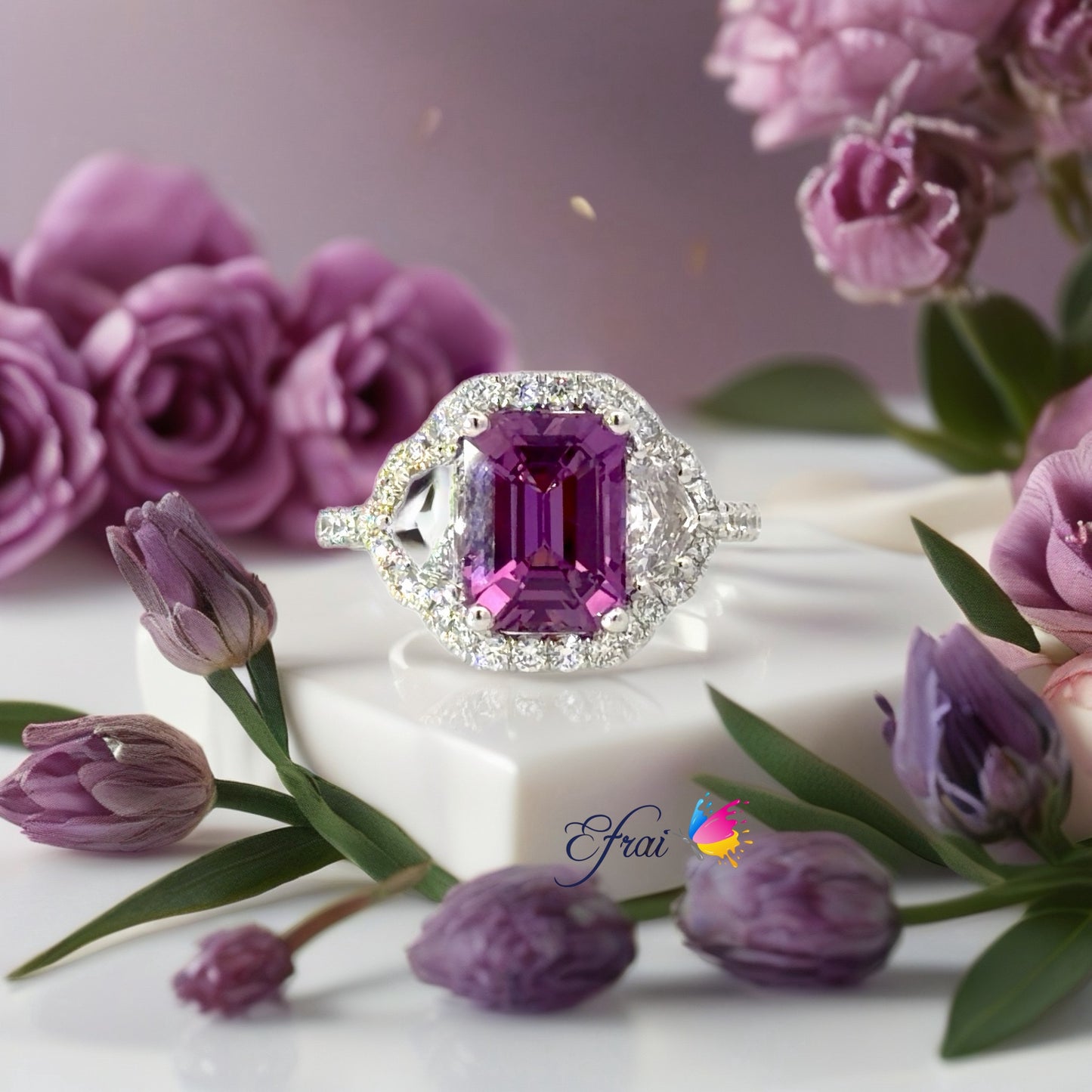 Natural Emerald-Cut Purple Sapphire Halo Cocktail Ring in White Gold