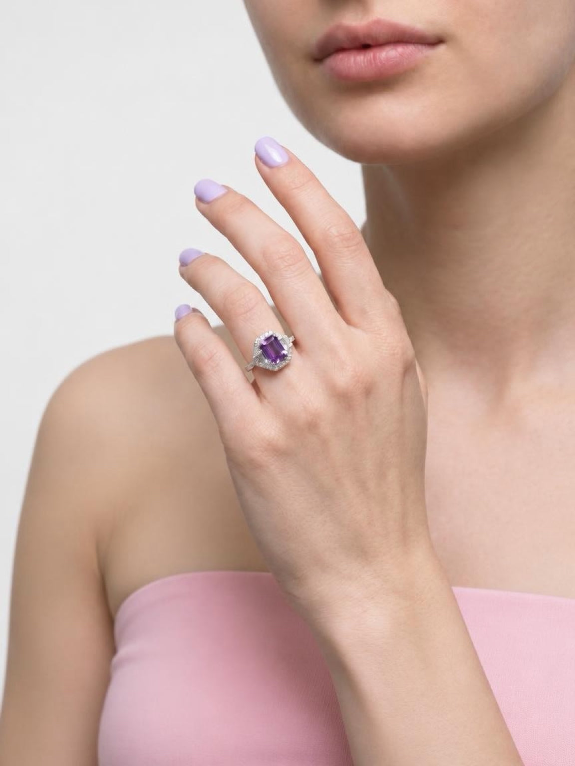 Natural Emerald-Cut Purple Sapphire Halo Cocktail Ring in White Gold