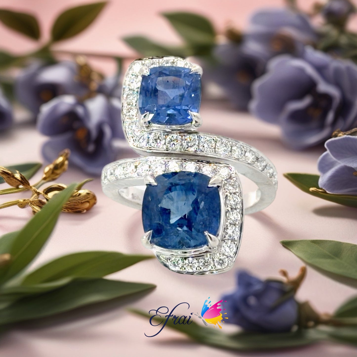 Natural Royal Blue Sapphire Bypass Multi-Stone Ring in White Gold