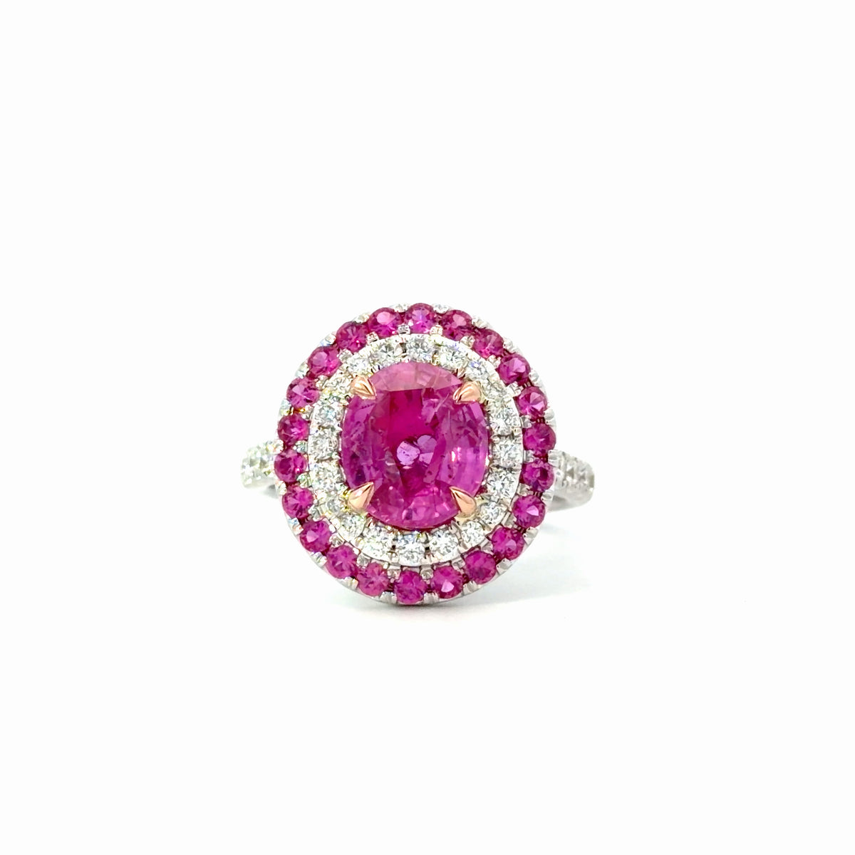 Natural Oval Pink sapphire Double Halo Ring in White Gold