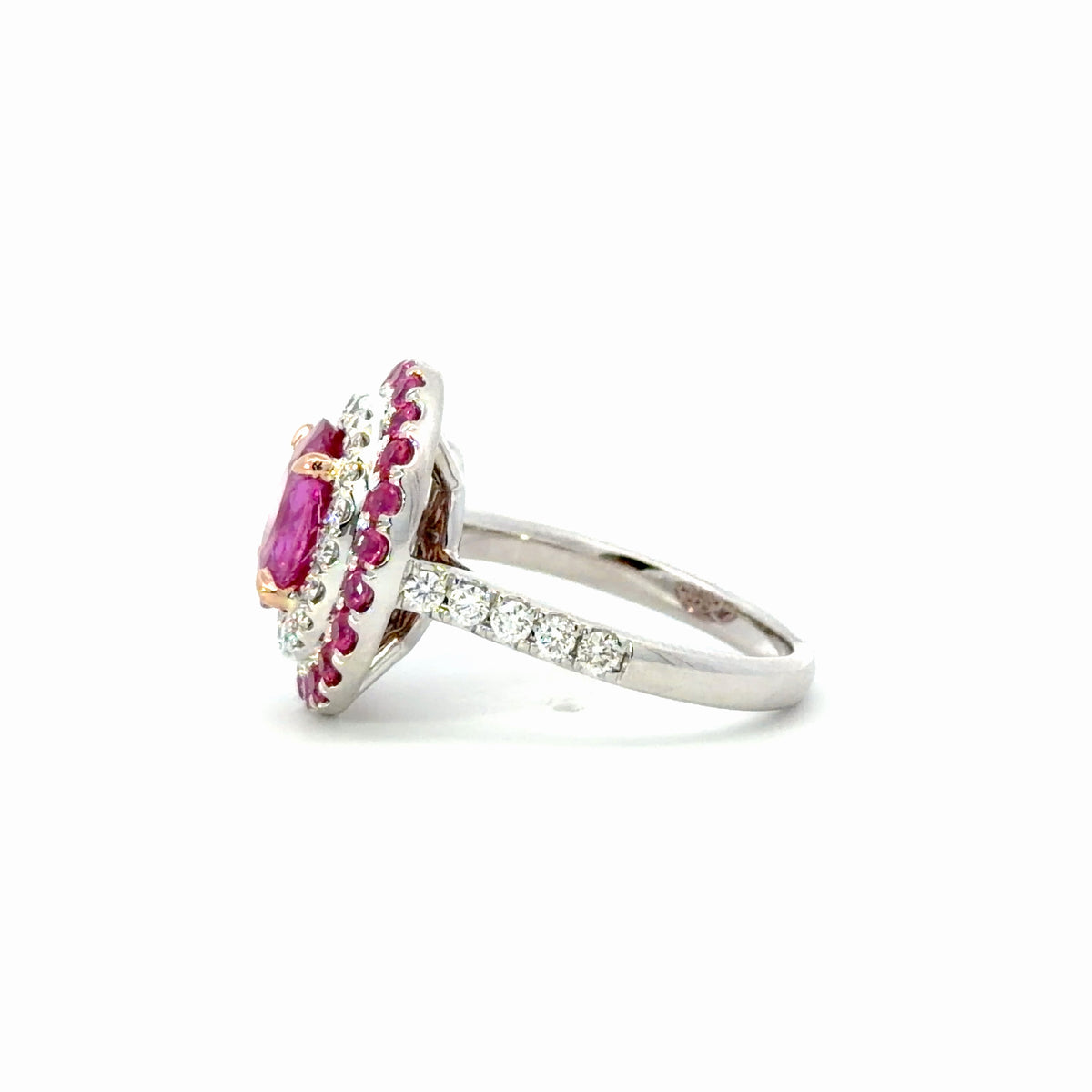 Natural Oval Pink sapphire Double Halo Ring in White Gold