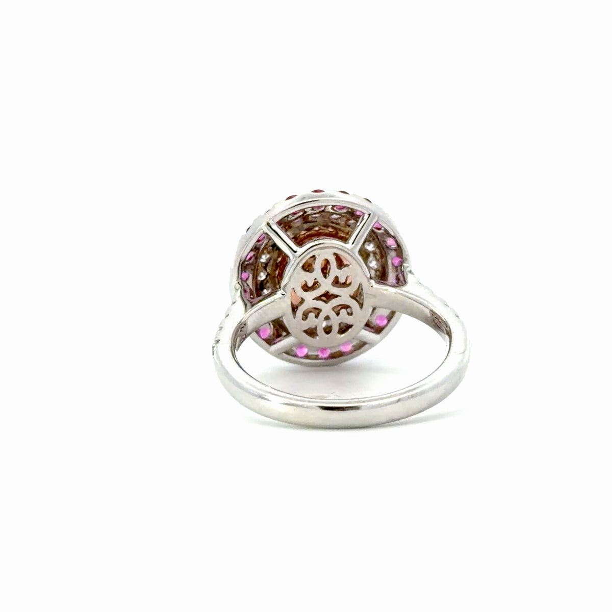 Natural Oval Pink sapphire Double Halo Ring in White Gold