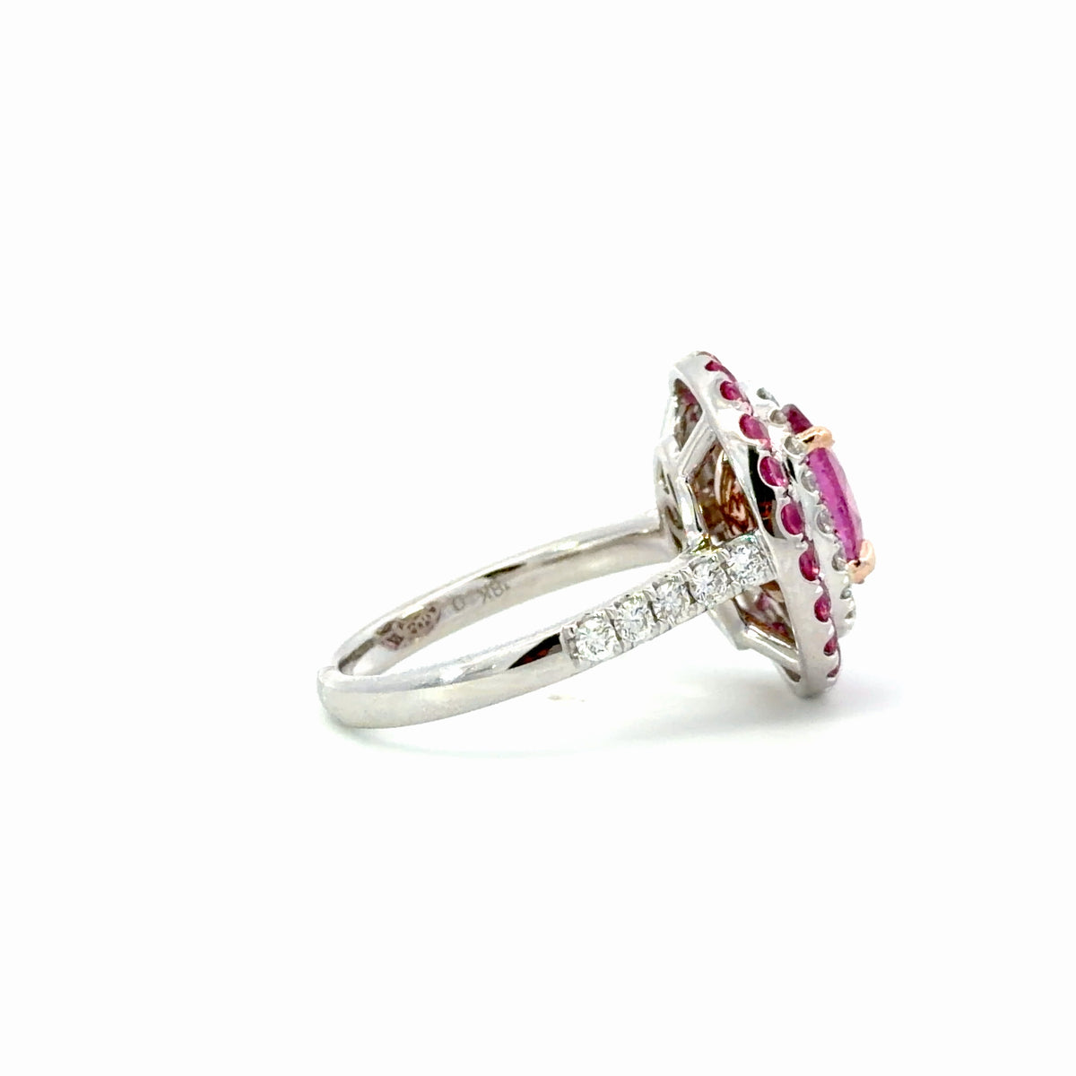 Natural Oval Pink sapphire Double Halo Ring in White Gold