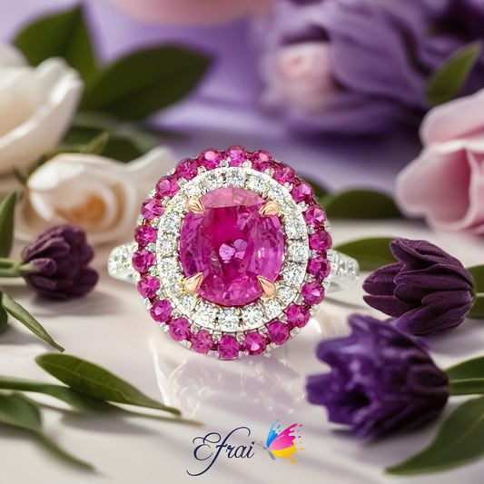 Natural Oval Pink sapphire Double Halo Ring in White Gold