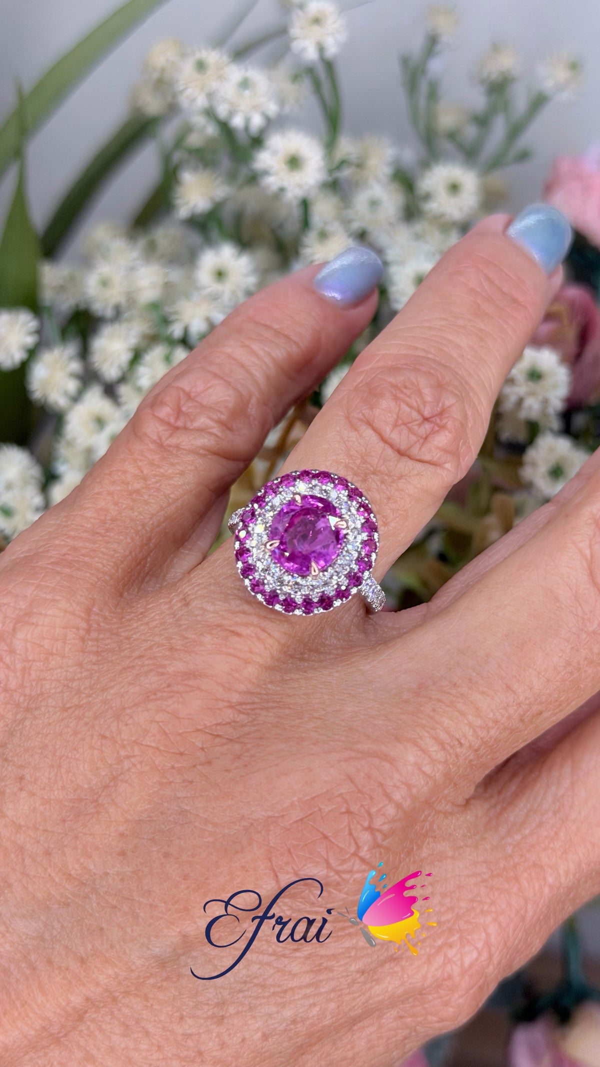 Natural Oval Pink sapphire Double Halo Ring in White Gold
