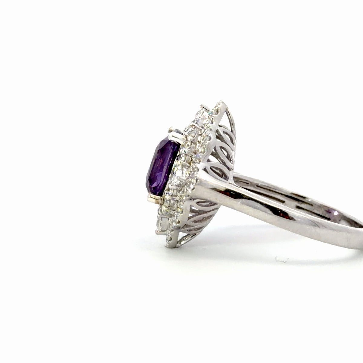 Natural Cushion-Cut Purple Sapphire Geometric Halo Cocktail Ring in White Gold