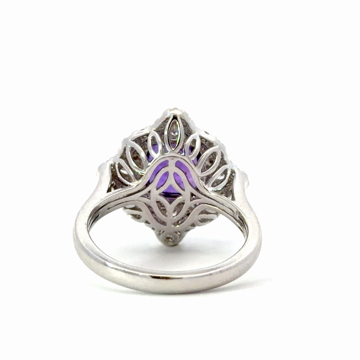 Natural Cushion-Cut Purple Sapphire Geometric Halo Cocktail Ring in White Gold