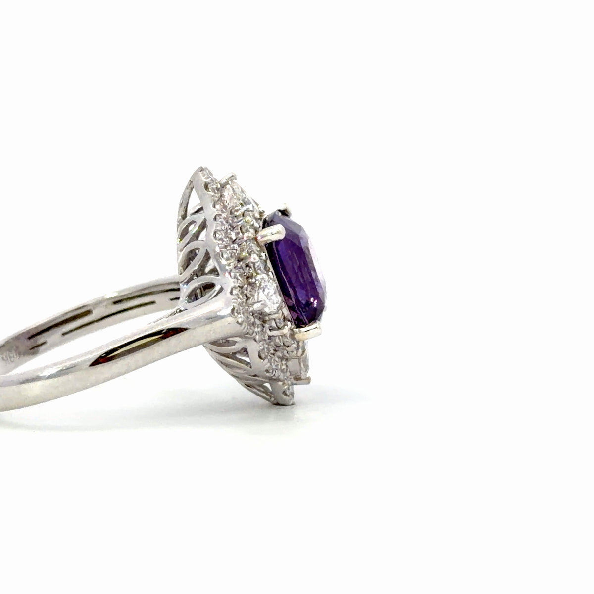 Natural Cushion-Cut Purple Sapphire Geometric Halo Cocktail Ring in White Gold