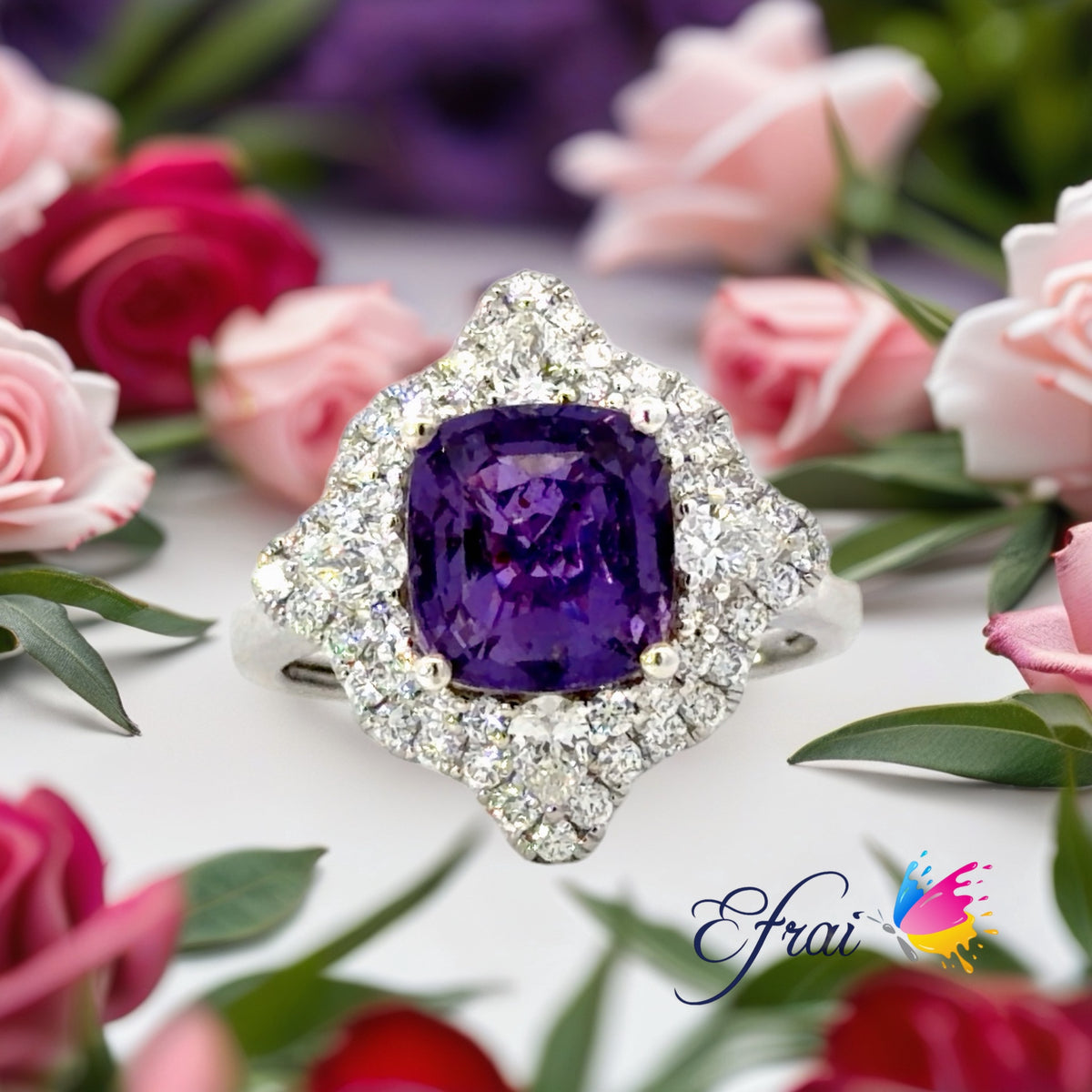 Natural Cushion-Cut Purple Sapphire Geometric Halo Cocktail Ring in White Gold