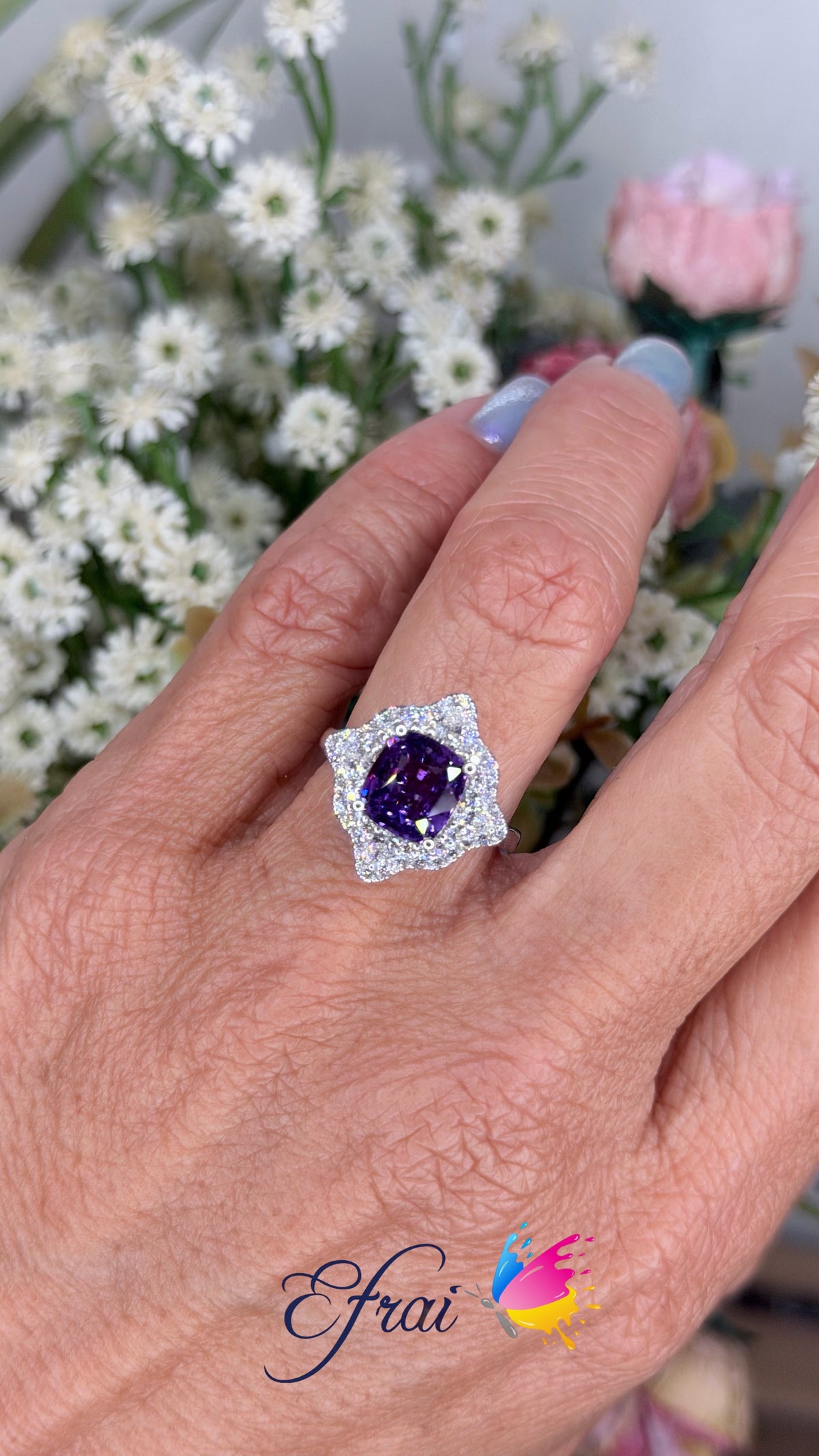 Natural Cushion-Cut Purple Sapphire Geometric Halo Cocktail Ring in White Gold