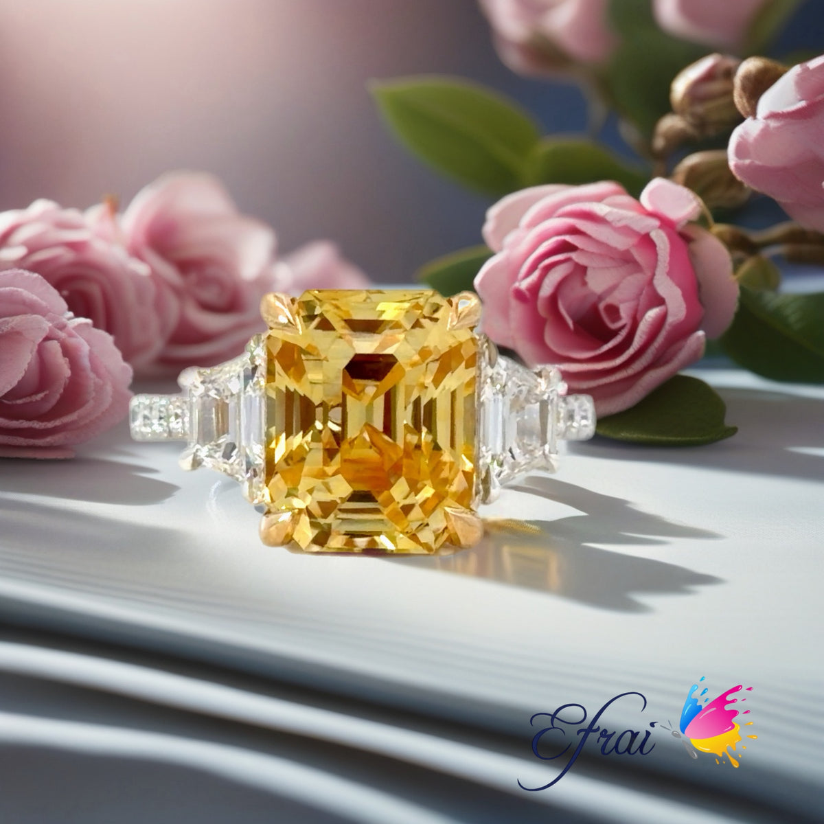 Certified Natural emerald cut yellow sapphire Cocktail Ring in White Gold