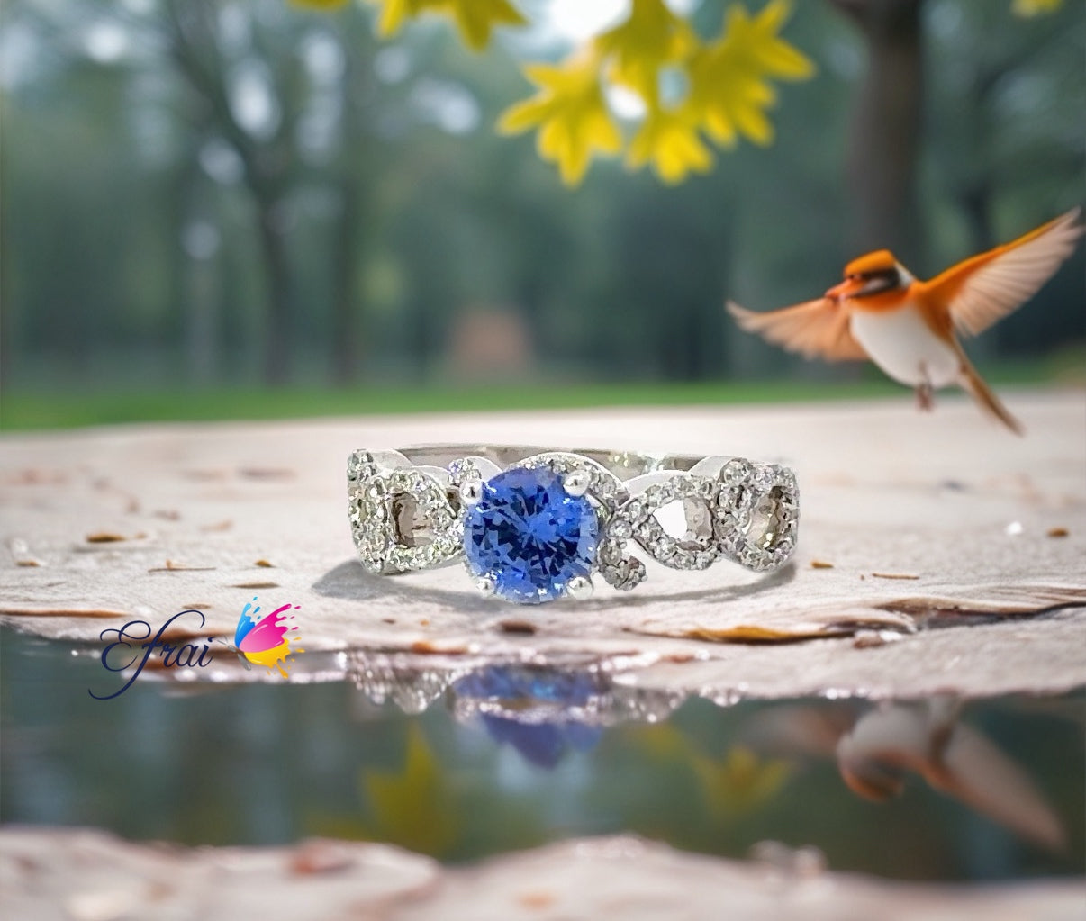 Natural blue round sapphire and diamonds ring
