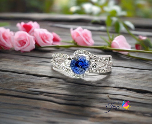 Natural round blue sapphire and diamonds ring