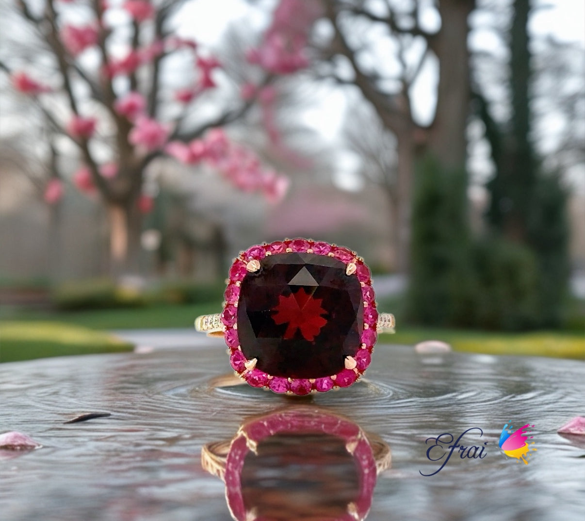 Gorgeous natural deep burgundy garnet diamonds ring