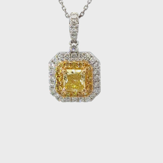 Elegant GIA Natural Fancy Intense Yellow cushion diamond necklace